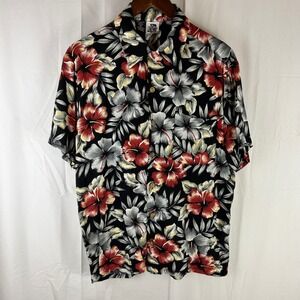 Kennington Hawaiian Shirt Mens Medium Black Hibiscus Hula Dancer Graphic Back